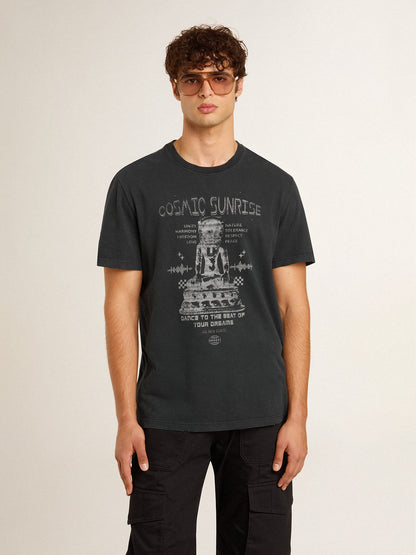 Men’s worn-black cotton T-shirt with print on the front - Golden Goose Men