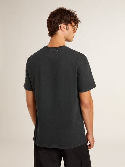 Men’s worn-black cotton T-shirt with print on the front - Golden Goose Men