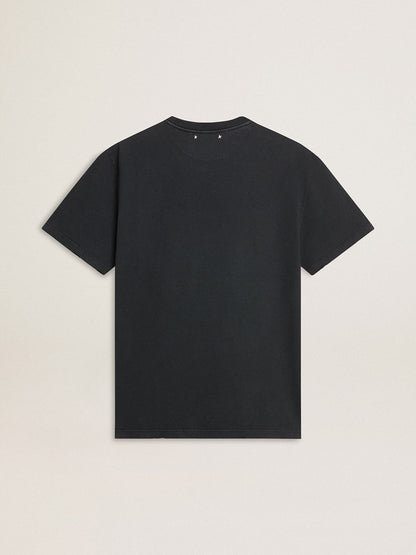 Men’s worn-black cotton T-shirt with print on the front - Golden Goose Men