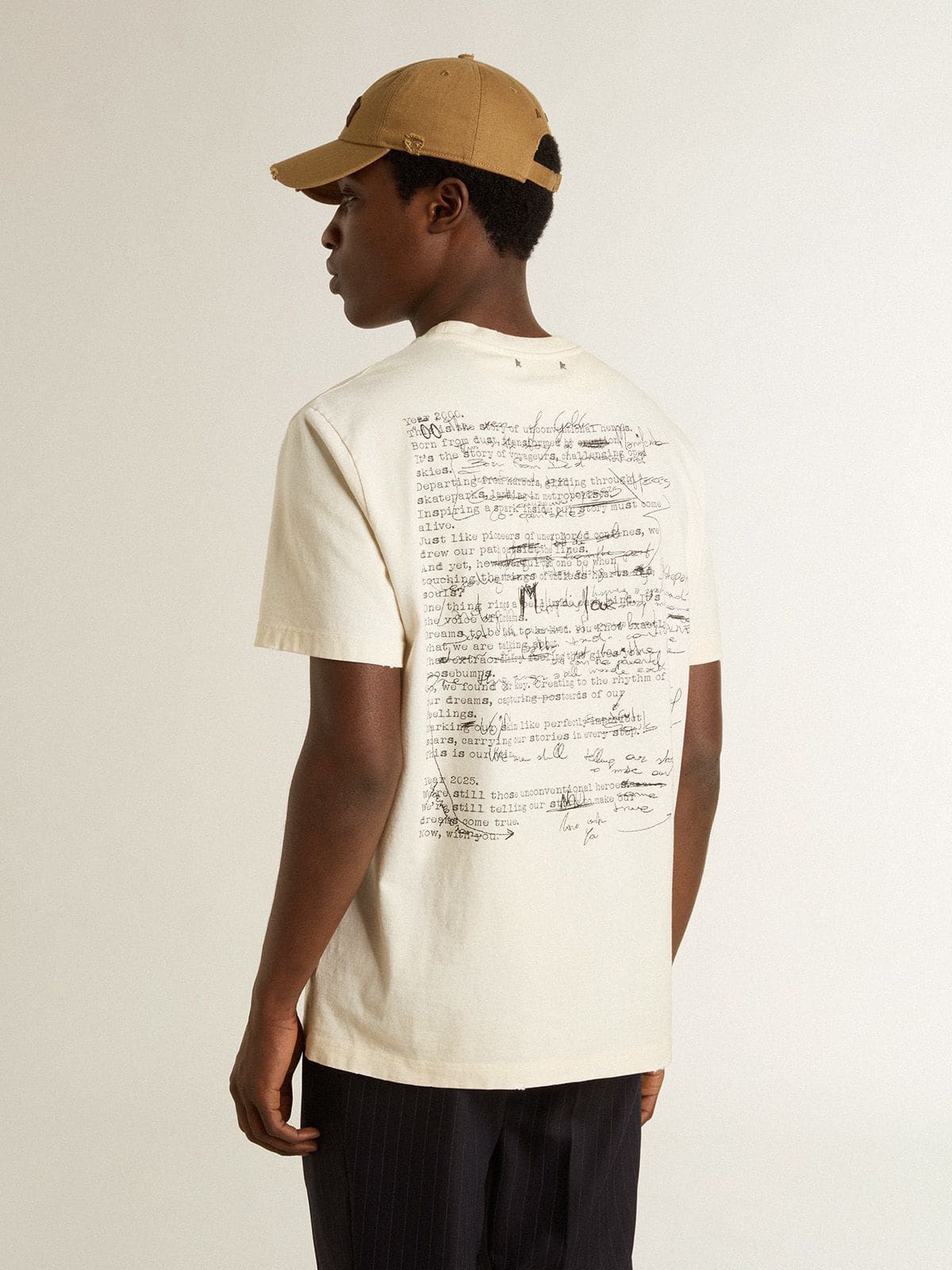Men's T-shirt with print on the chest and on the back with a lived-in effect - Golden Goose Men
