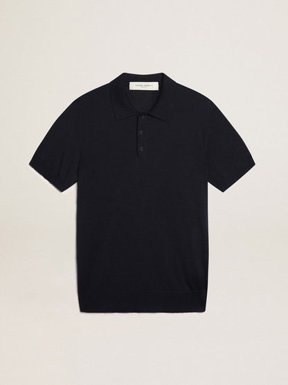 Men’s short-sleeved polo shirt in navy-blue merino wool - Golden Goose Men