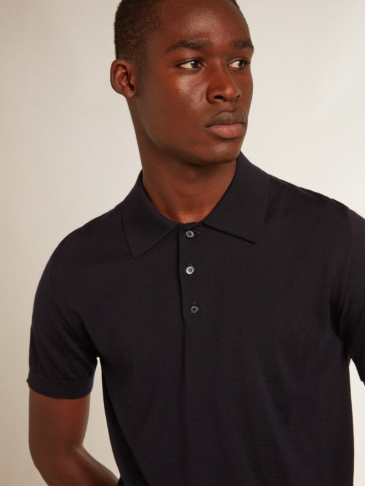 Men’s short-sleeved polo shirt in navy-blue merino wool - Golden Goose Men