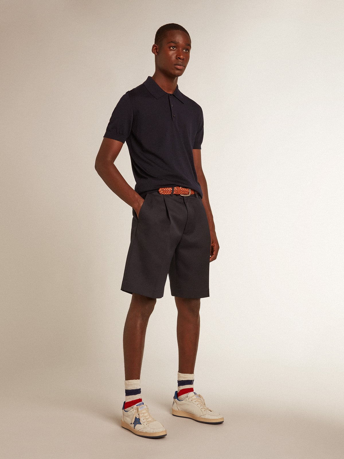Men’s short-sleeved polo shirt in navy-blue merino wool - Golden Goose Men
