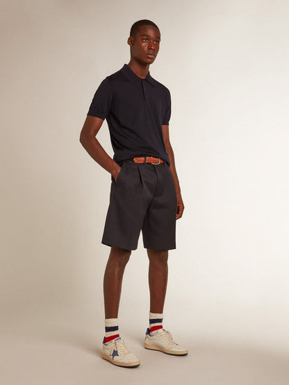 Men’s short-sleeved polo shirt in navy-blue merino wool - Golden Goose Men