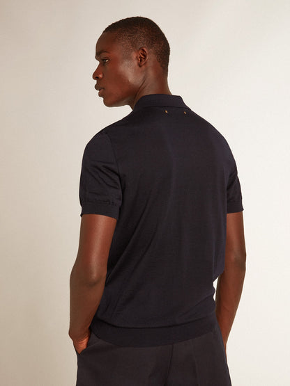 Men’s short-sleeved polo shirt in navy-blue merino wool - Golden Goose Men