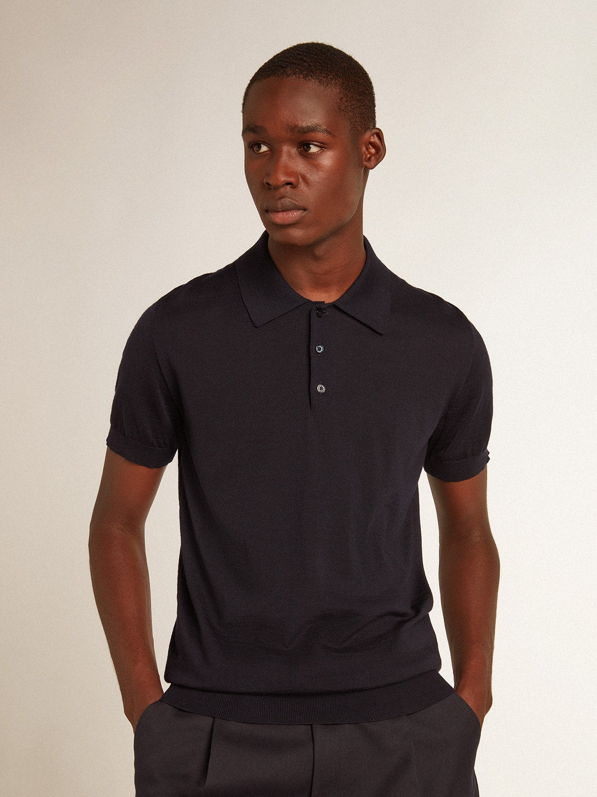 Men’s short-sleeved polo shirt in navy-blue merino wool - Golden Goose Men