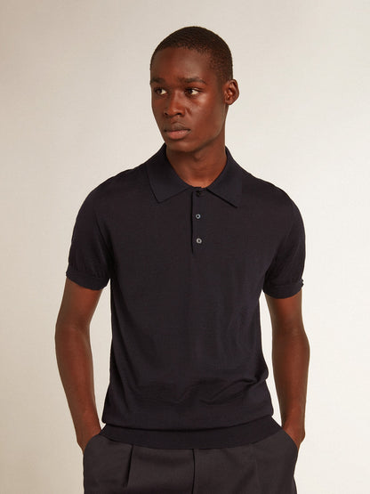 Men’s short-sleeved polo shirt in navy-blue merino wool - Golden Goose Men
