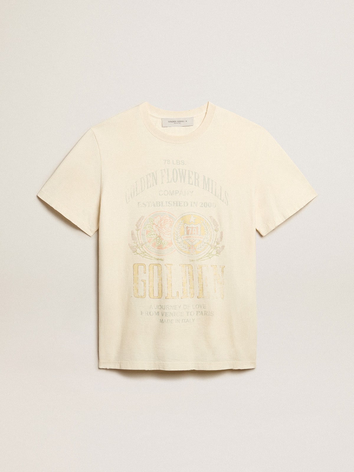 Men’s aged white cotton T-shirt with print on the front - Golden Goose Men
