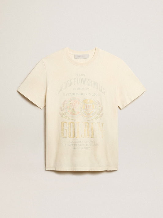 Men’s aged white cotton T-shirt with print on the front - Golden Goose Men