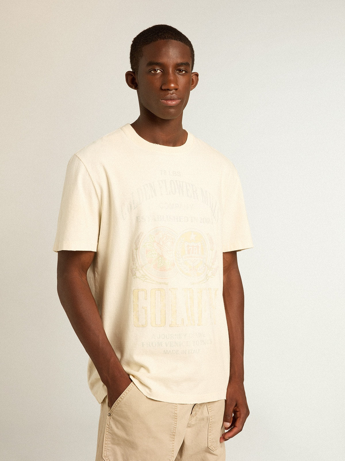 Men’s aged white cotton T-shirt with print on the front - Golden Goose Men