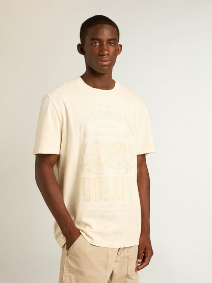 Men’s aged white cotton T-shirt with print on the front - Golden Goose Men