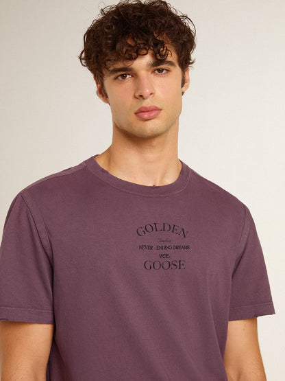 Men’s cotton T-shirt in worn purple with logo print - Golden Goose Men