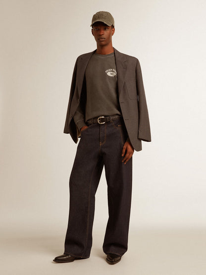 Men's long-sleeved T-shirt in anthracite gray cotton with logo on the back - Golden Goose Men