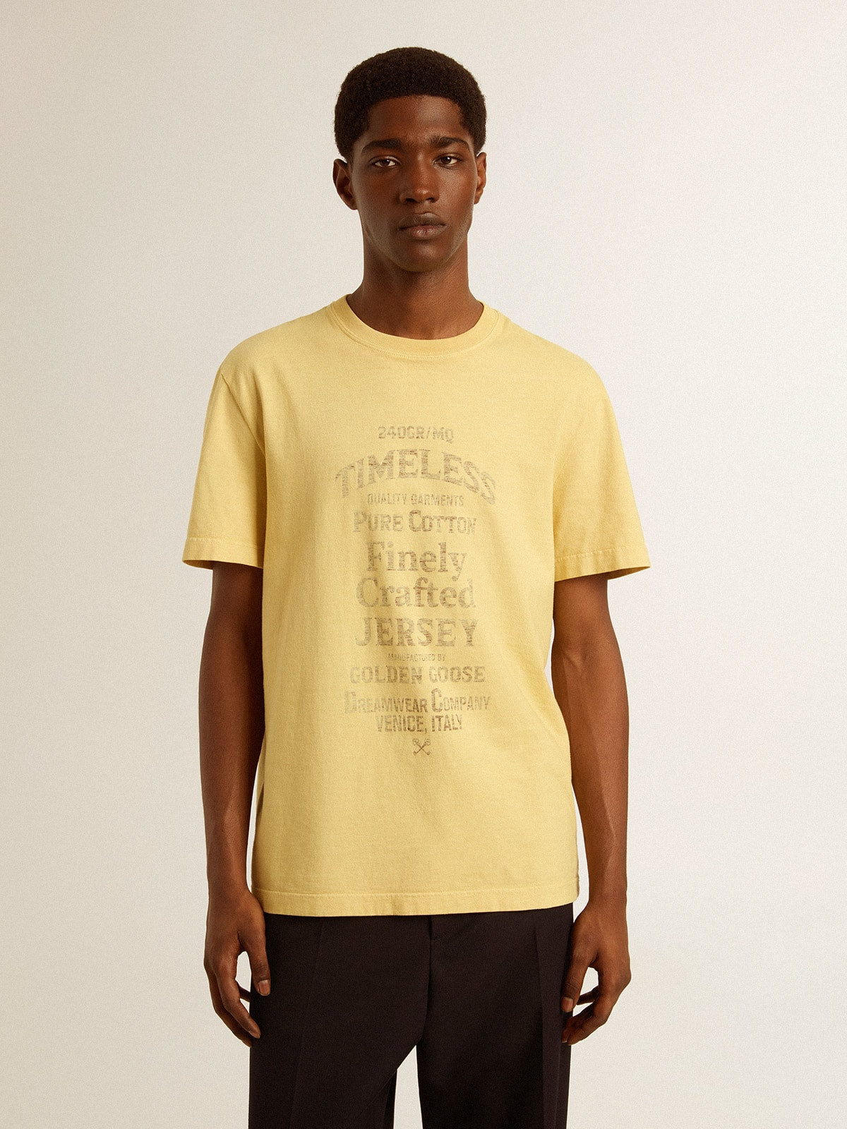 Men's cotton T-shirt in pale yellow with faded lettering - Golden Goose Men