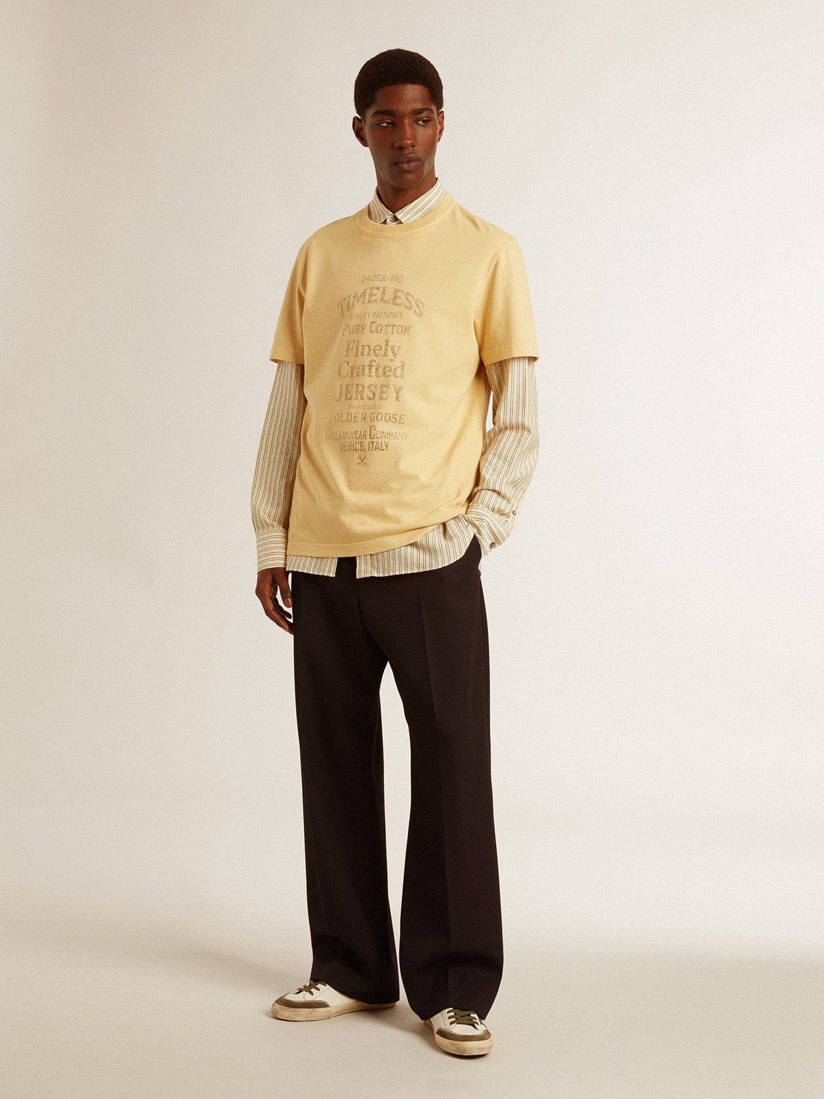 Men's cotton T-shirt in pale yellow with faded lettering - Golden Goose Men
