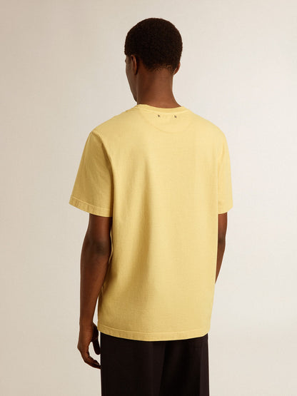 Men's cotton T-shirt in pale yellow with faded lettering - Golden Goose Men