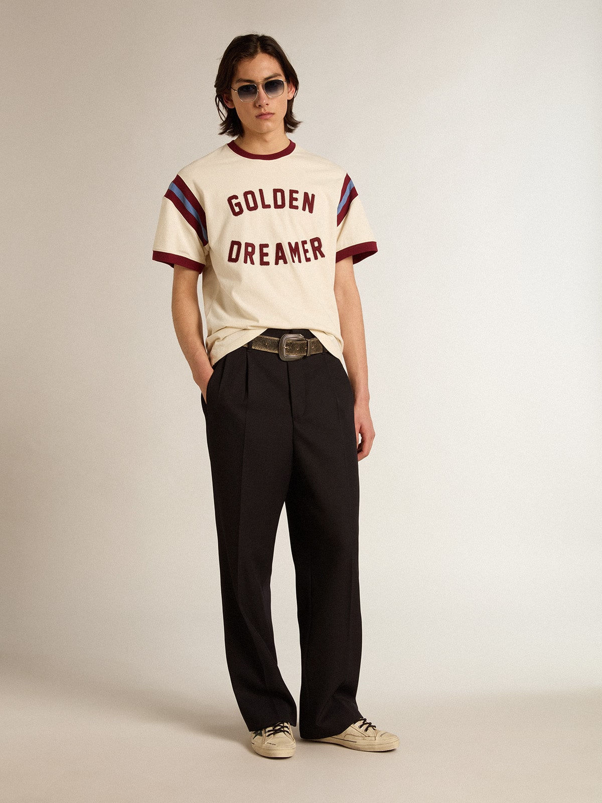 Men’s white T-shirt with burgundy lettering on the front - Golden Goose Men