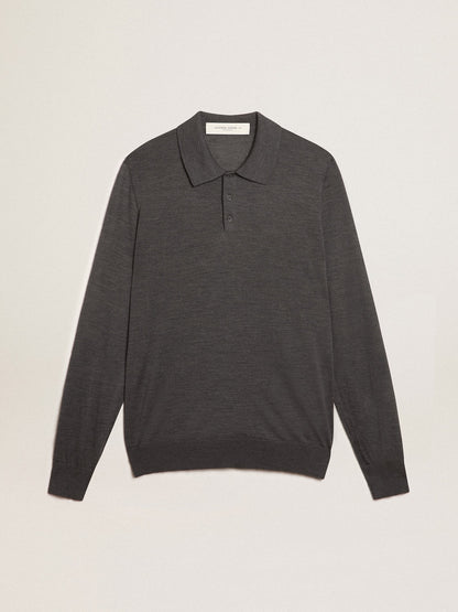 Men’s long-sleeved polo shirt in gray merino wool - Golden Goose Men