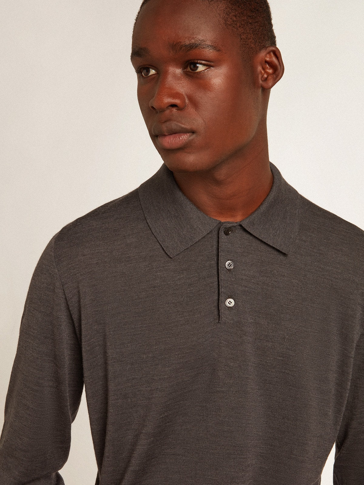 Men’s long-sleeved polo shirt in gray merino wool - Golden Goose Men