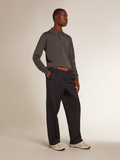 Men’s long-sleeved polo shirt in gray merino wool - Golden Goose Men