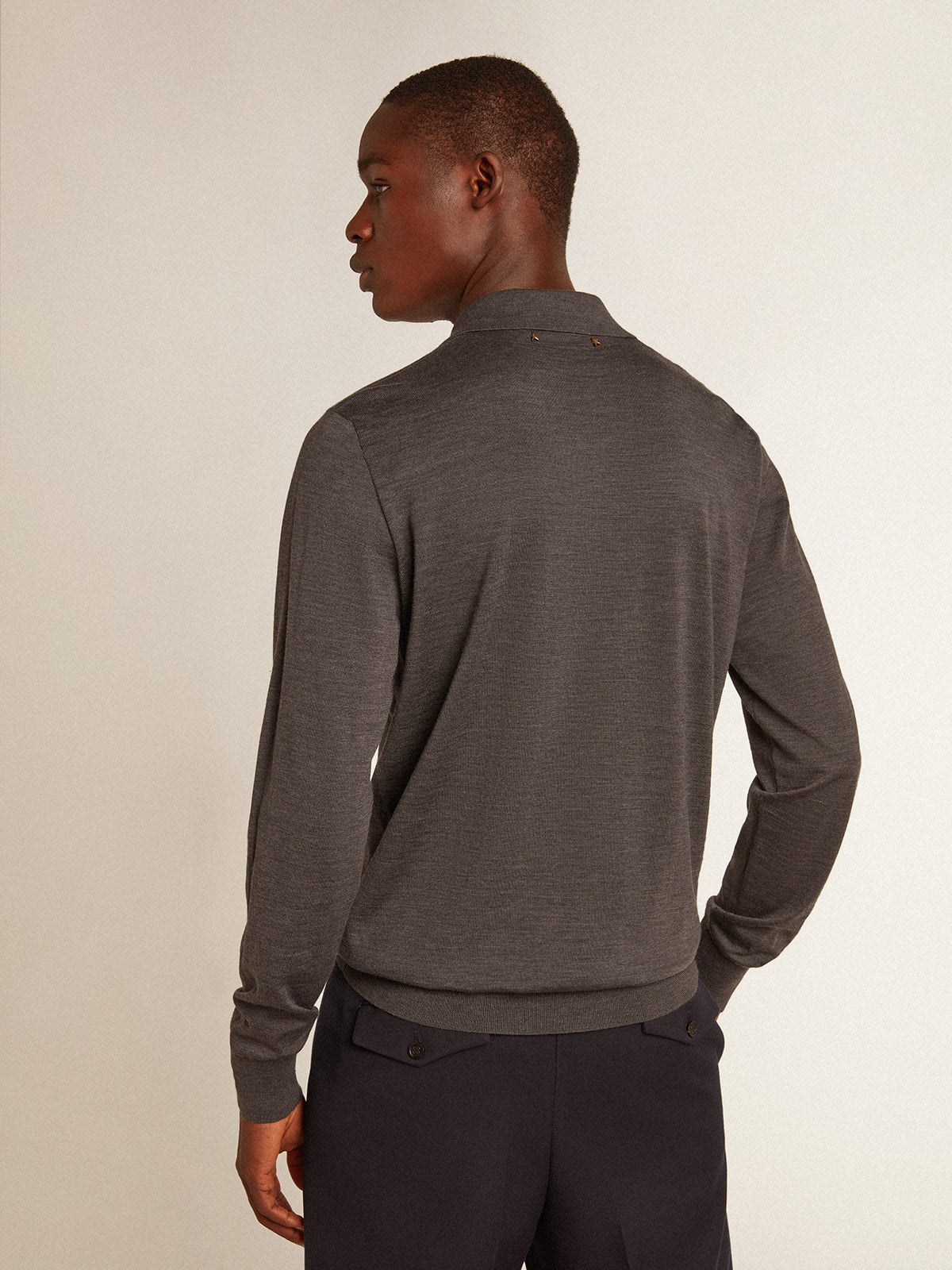 Men’s long-sleeved polo shirt in gray merino wool - Golden Goose Men