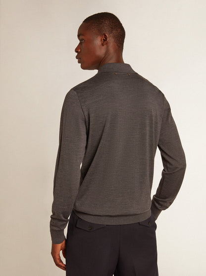 Men’s long-sleeved polo shirt in gray merino wool - Golden Goose Men