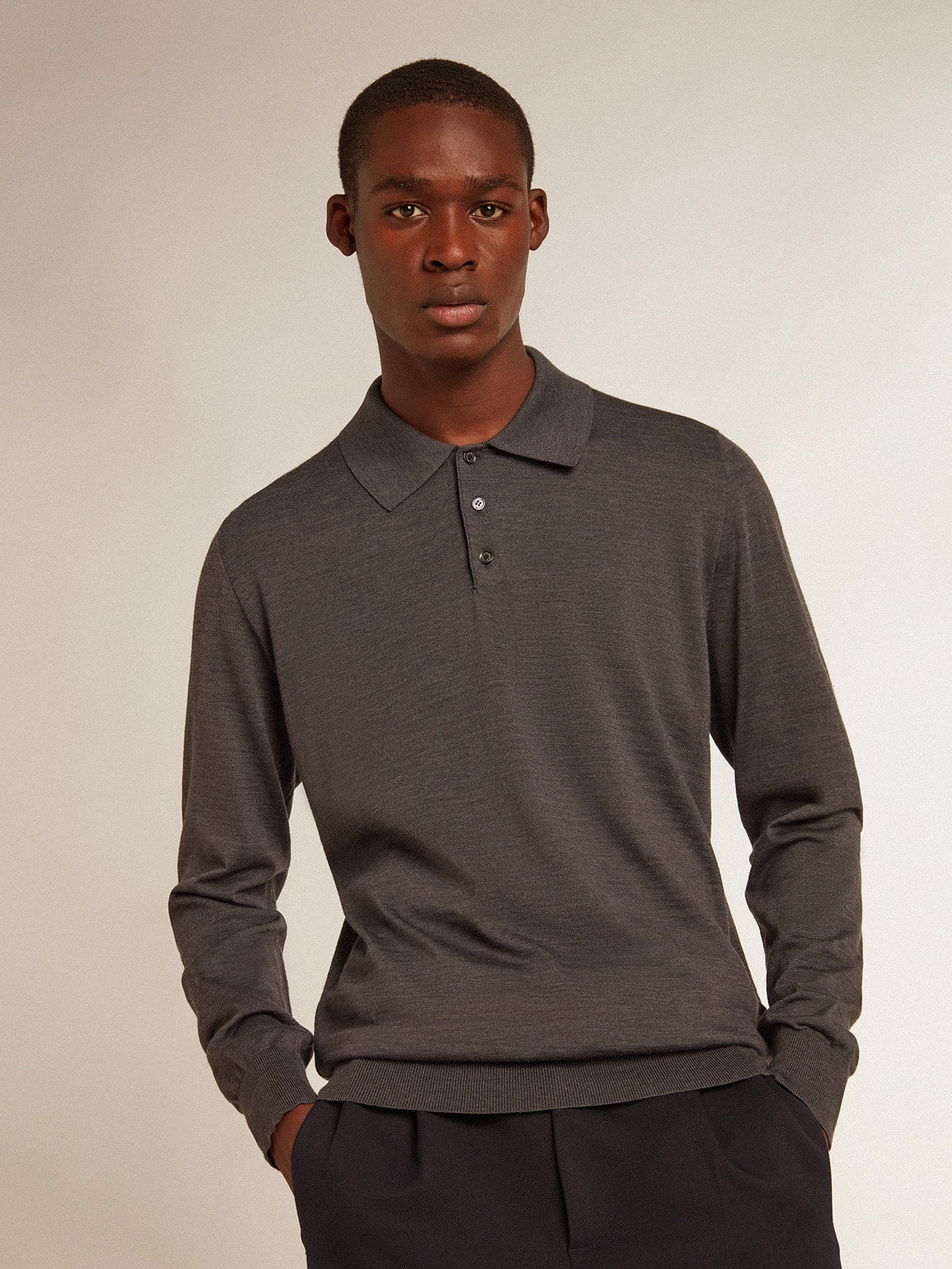 Men’s long-sleeved polo shirt in gray merino wool - Golden Goose Men