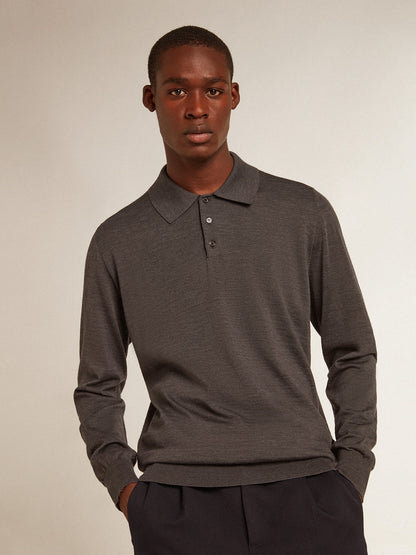 Men’s long-sleeved polo shirt in gray merino wool - Golden Goose Men