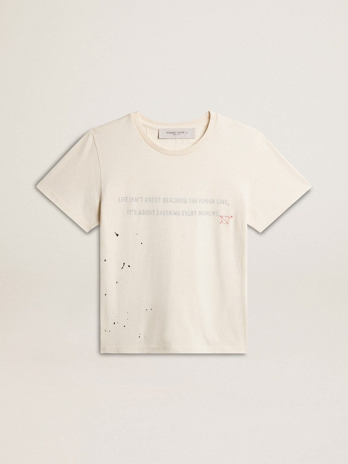 Men's T-shirt in aged white cotton with print and embroidery - Golden Goose Men