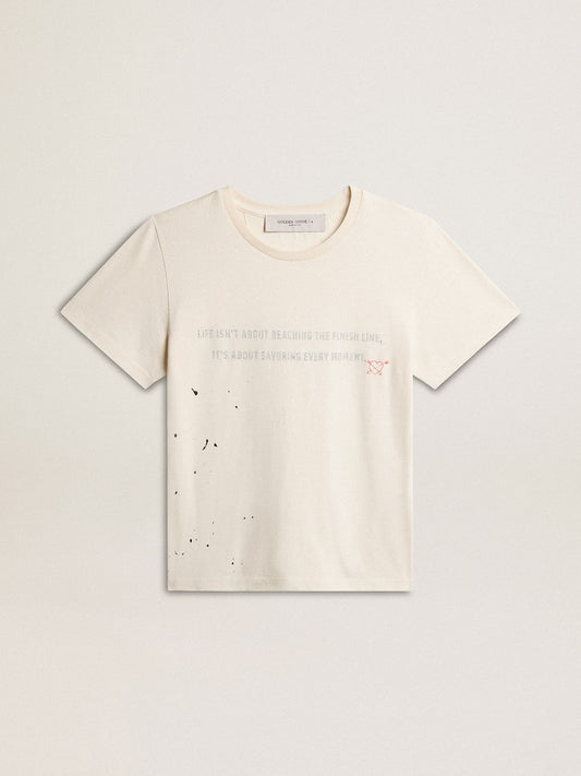 Men's T-shirt in aged white cotton with print and embroidery - Golden Goose Men