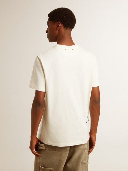 Men's T-shirt in aged white cotton with print and embroidery - Golden Goose Men