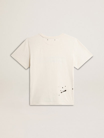 Men's T-shirt in aged white cotton with print and embroidery - Golden Goose Men