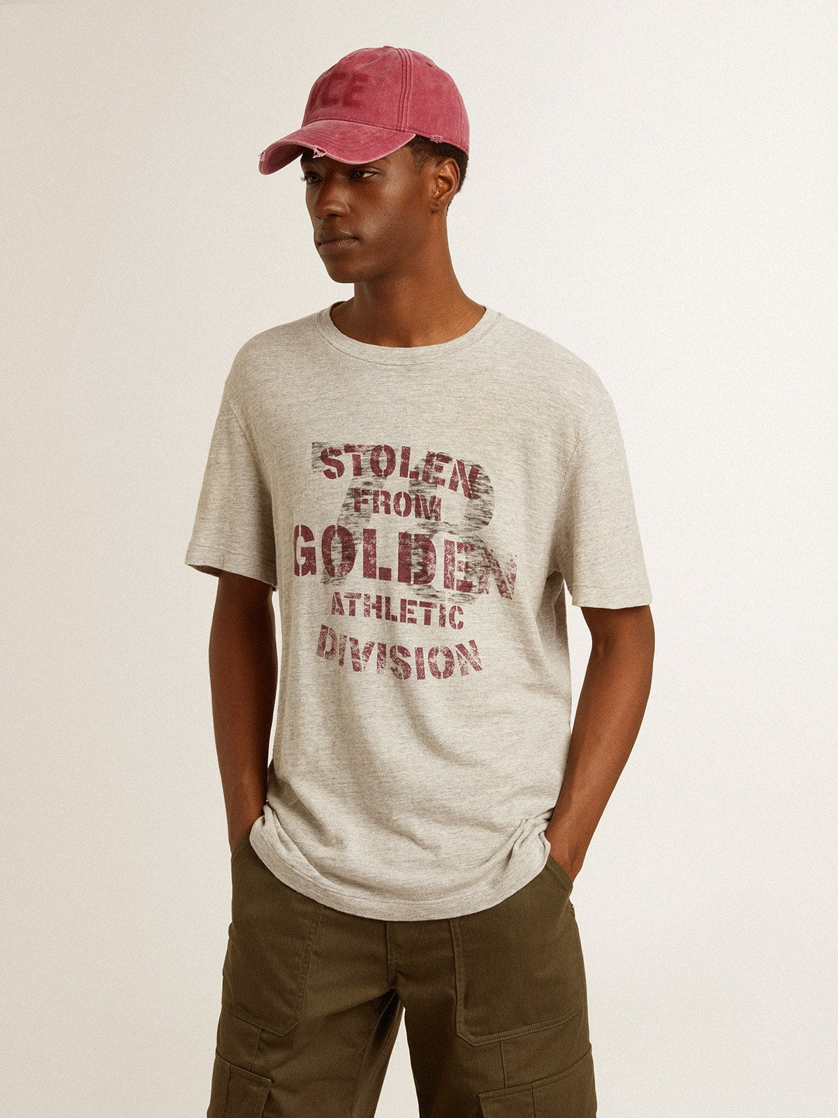 Men's gray cotton T-shirt with vintage print on the front - Golden Goose Men