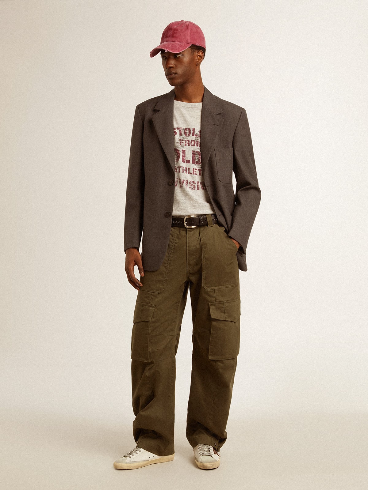 Men's gray cotton T-shirt with vintage print on the front - Golden Goose Men