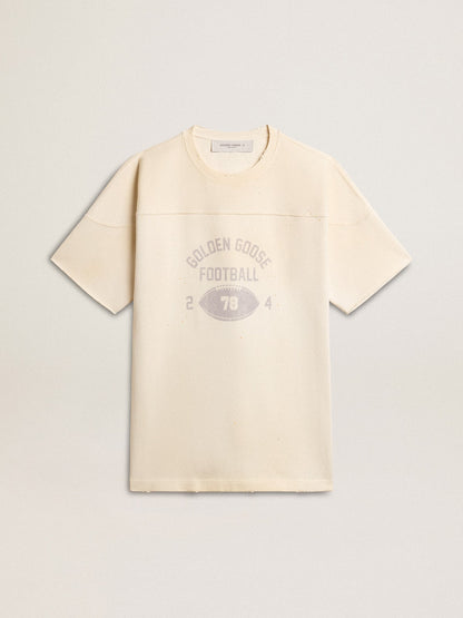Men's cotton T-shirt in vintage white with raw edge on the front - Golden Goose Men