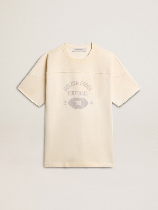 Men's cotton T-shirt in vintage white with raw edge on the front - Golden Goose Men