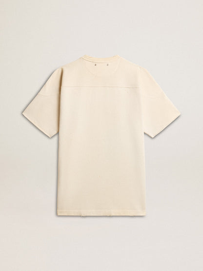 Men's cotton T-shirt in vintage white with raw edge on the front - Golden Goose Men