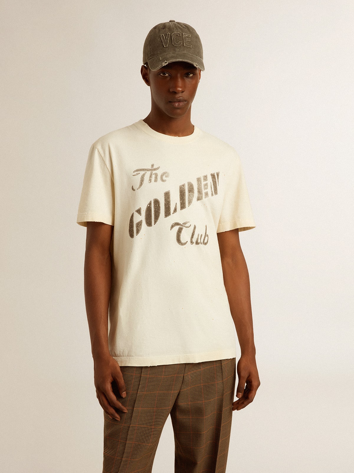Men's aged white cotton T-shirt with gold print - Golden Goose Men