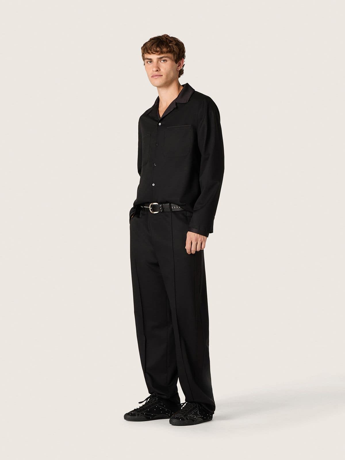 Men's shirt in black wool twill with black satin details - Golden Goose Men