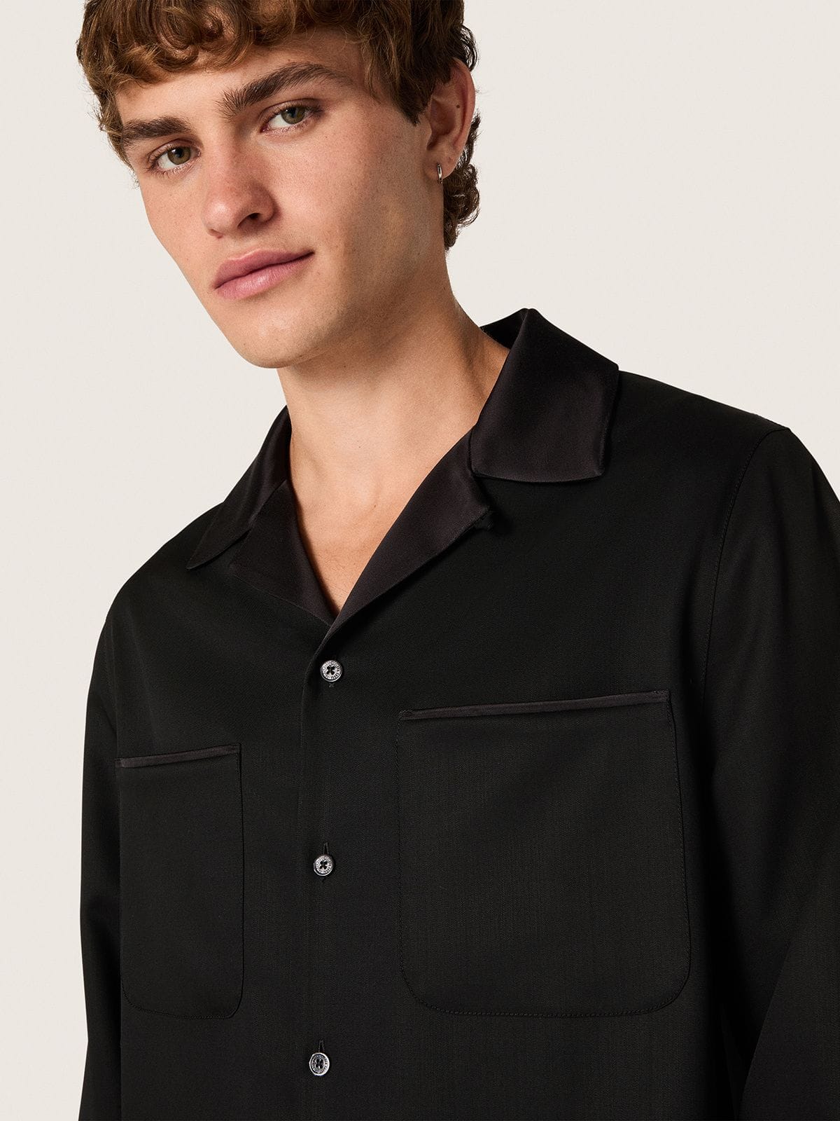 Men's shirt in black wool twill with black satin details - Golden Goose Men