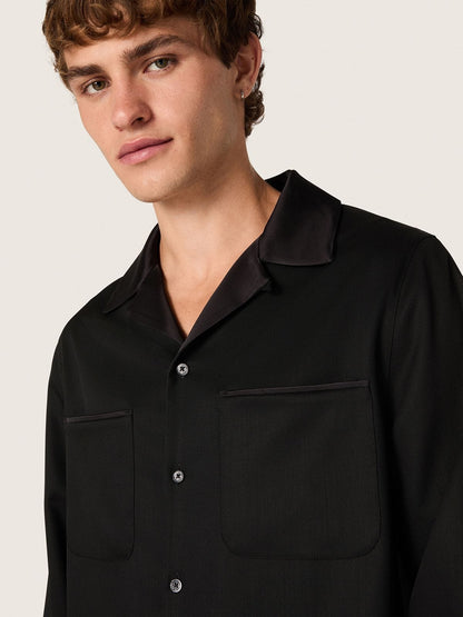 Men's shirt in black wool twill with black satin details - Golden Goose Men