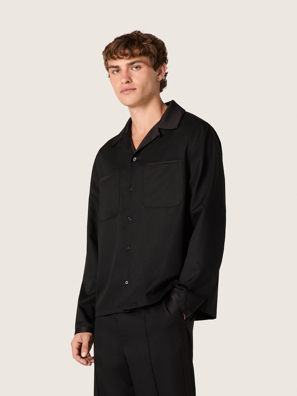 Men's shirt in black wool twill with black satin details - Golden Goose Men