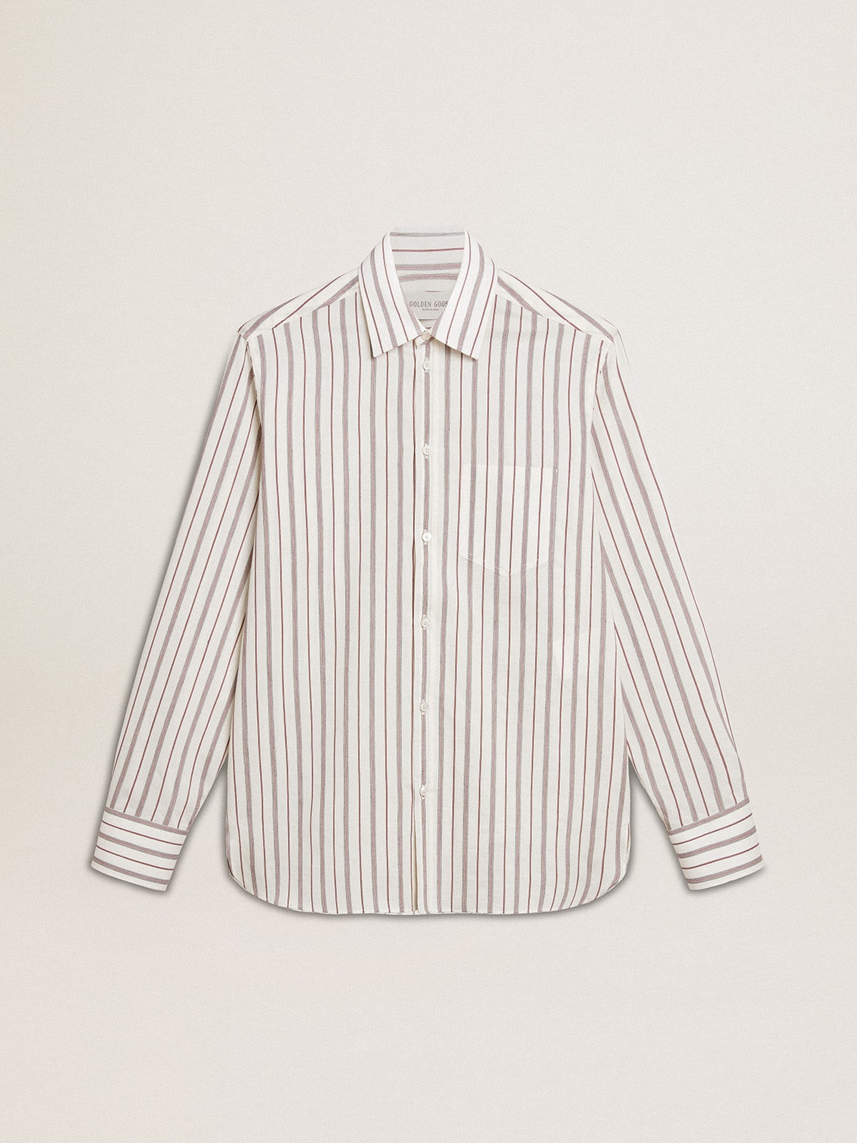 Men's white cotton shirt with fine burgundy stripes - Golden Goose Men