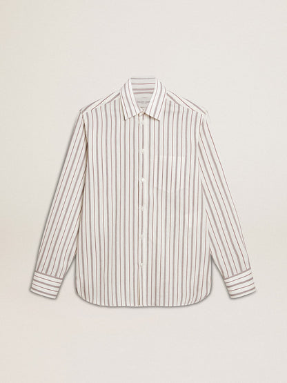 Men's white cotton shirt with fine burgundy stripes - Golden Goose Men