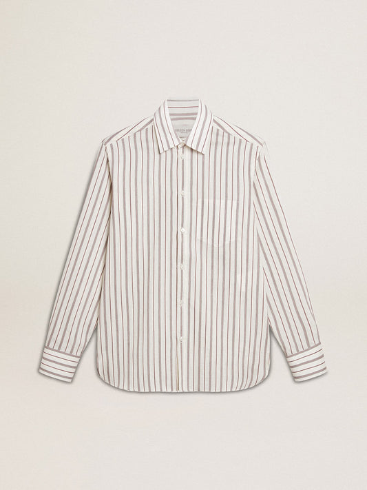 Men's white cotton shirt with fine burgundy stripes - Golden Goose Men