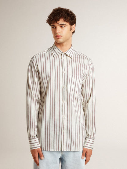Men's white cotton shirt with fine burgundy stripes - Golden Goose Men