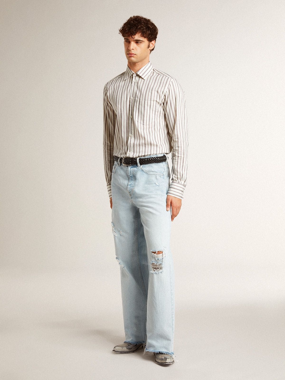 Men's white cotton shirt with fine burgundy stripes - Golden Goose Men