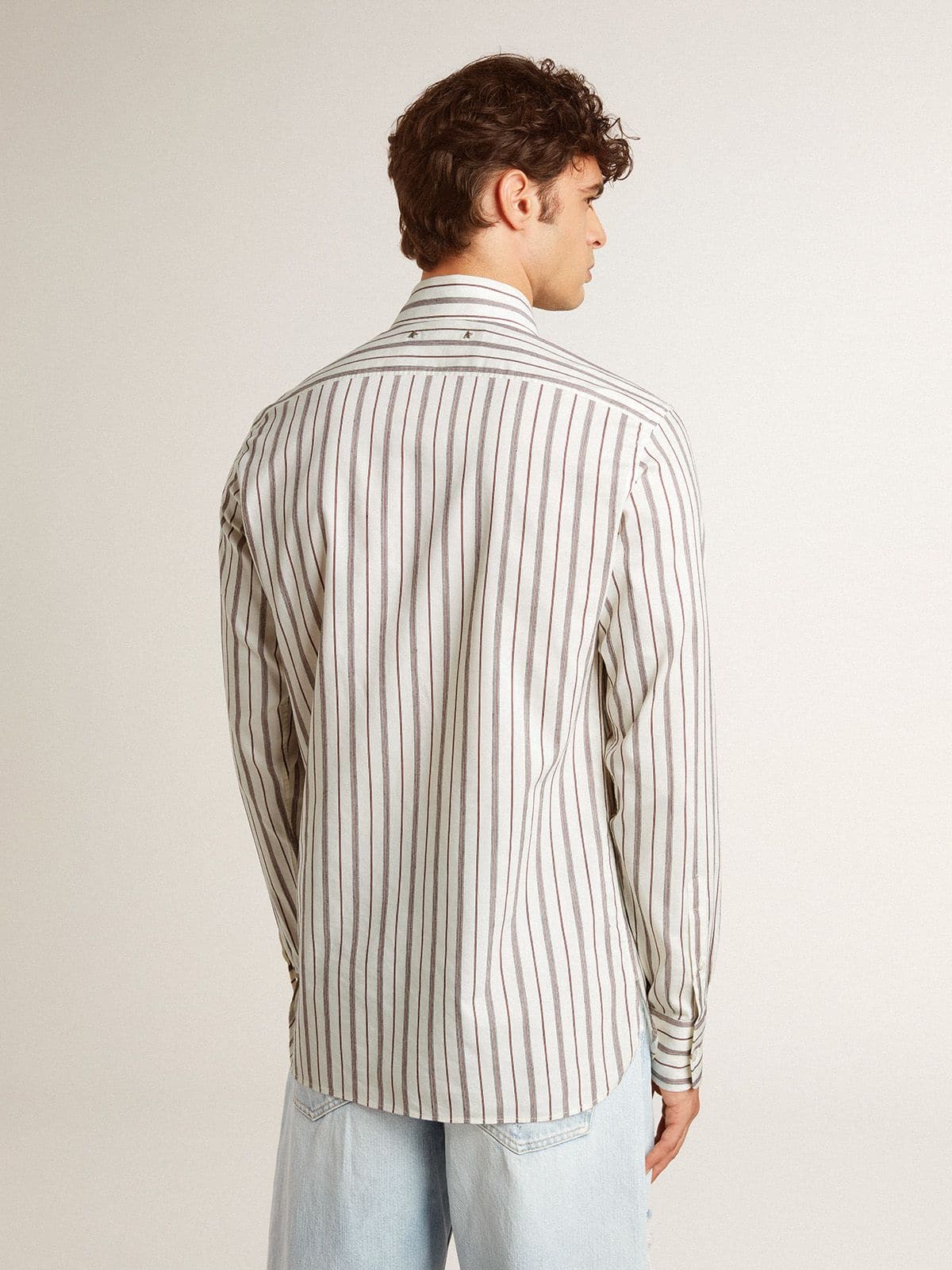 Men's white cotton shirt with fine burgundy stripes - Golden Goose Men