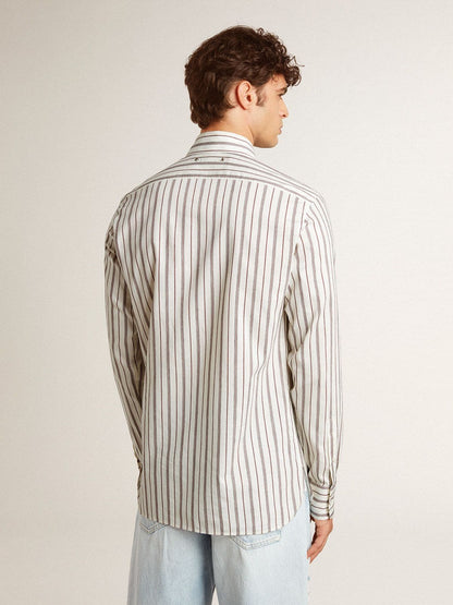 Men's white cotton shirt with fine burgundy stripes - Golden Goose Men