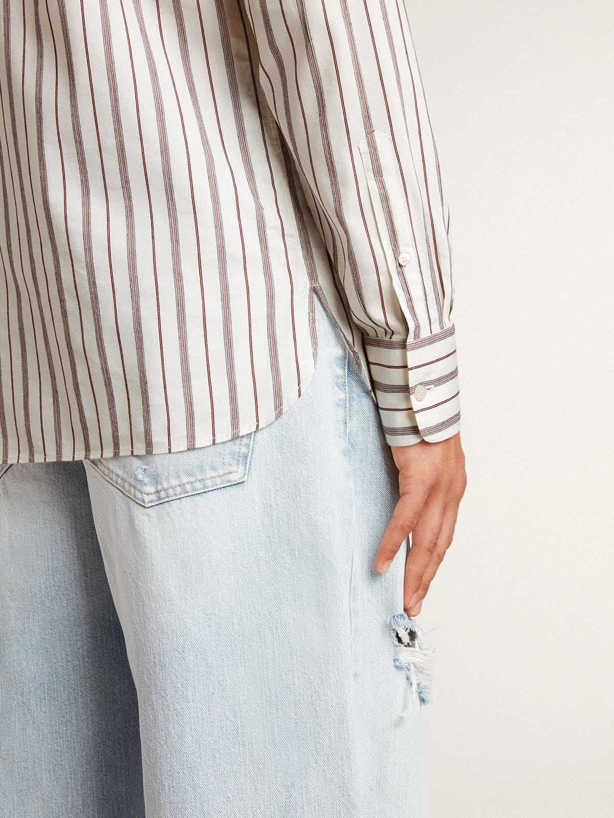 Men's white cotton shirt with fine burgundy stripes - Golden Goose Men